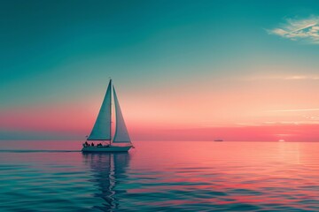 Serene sailboat at sunset, tranquil sea with vibrant skies, ideal for travel and leisure themes

