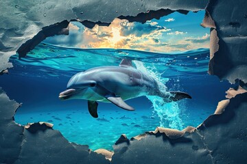 This artwork shows a dolphin soaring upwards with a stunning sunset in the backdrop