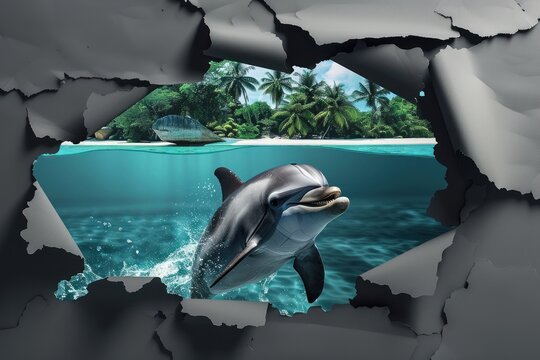 An artistic concept of a dolphin jumping out of the water with a tropical scenery seen through a paper tear
