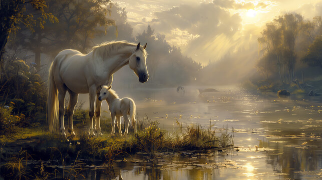 Majestic White Horses in Misty Morning Light by the Riverside