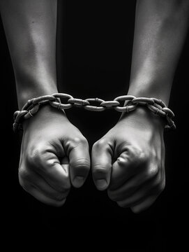 Wrists tied with chains symbolize the fight for freedom.