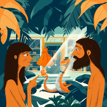 Adam and Eve in the Garden of Eden are seduced by a serpent doorman in a clothing store.