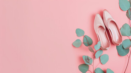 Ballet shoes with eucalyptus on pink.