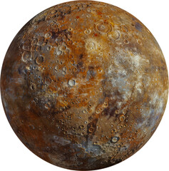 Detailed view of the Mercury surface with craters and texture cut out on transparent background