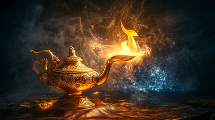 golden lamp of a genie from oriental fairy tales on a dark oriental background in dramatic light. - obrazy, fototapety, plakaty