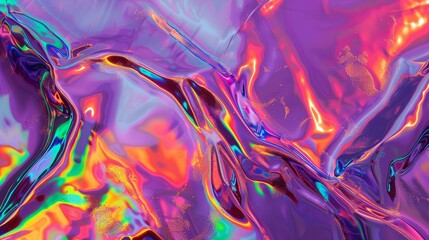 Modern bright neon purple, green, orange colored metallic psychedelic optimistic holographic foil texture. Abstract holographic background 80s, 90s, 2000s style. psychedelic retro futurism panorama. - obrazy, fototapety, plakaty