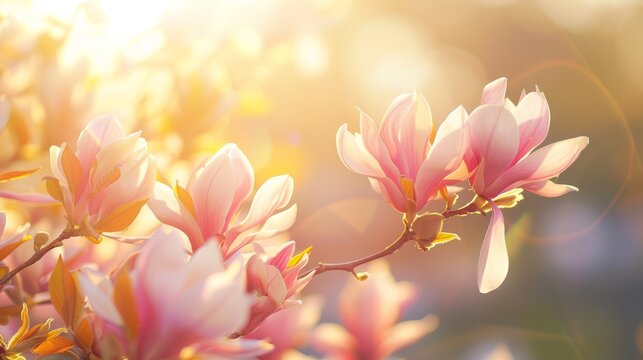 Magnolia tree blossom in springtime. tender pink flowers bathing in sunlight. warm april weather and beautiful sunshine, close up of panorama spring background with copy space.