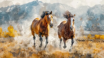 Horses are running in the dry grass fields and mountain background of the Western countryside, Watercolor style, colorful - obrazy, fototapety, plakaty