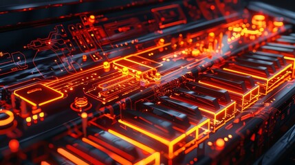 Futuristic digital piano with glowing orange and red circuitry - obrazy, fototapety, plakaty