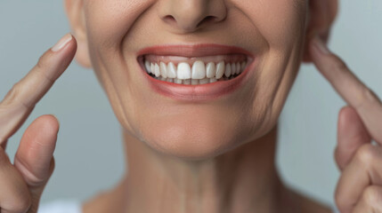 Fototapeta premium Closeup of a smiling woman pointing at her teeth.
