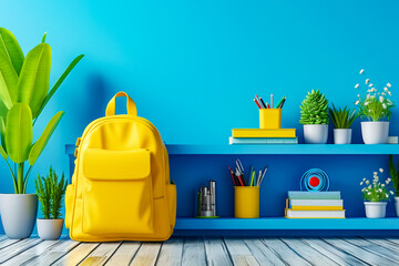Yellow backpack sits on blue shelf next to some pencils and other school supplies.