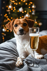 Dog sits on bed holding glass of champagne in its paws.