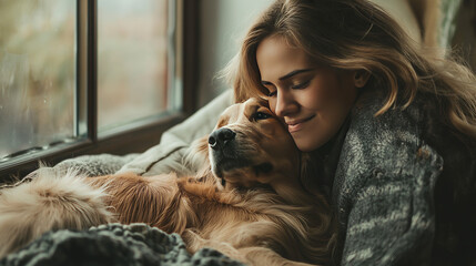 A young woman enjoys a cozy moment, nuzzling her beloved golden retriever by the window
