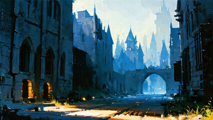 Scene of medieval urban fantasy, Digital art painting, loosely speed painting.