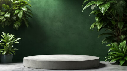 White circular platform is surrounded by green walls and potted plant on each side creating aesthetically pleasing environment.