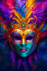 Colorful and intricately painted mask with blue gold purple and green colors.