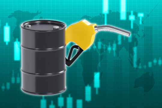 Yellow gasoline fuel nozzle with oil barrel on blue growth bar chart background. Oil price rising concept. 3d-rendering