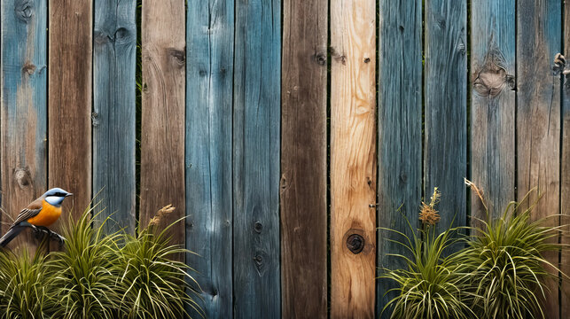 Blue and brown wooden fence with few plants growing through the slats.