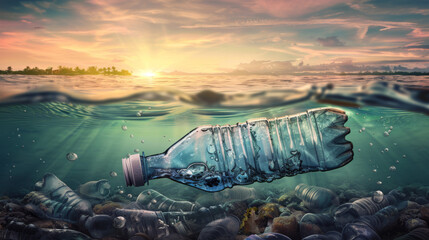 A submerged plastic bottle floats among numerous others, depicting environmental pollution in the ocean. - obrazy, fototapety, plakaty