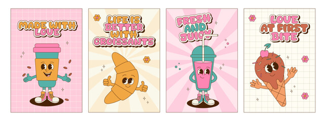 Collection of groovy posters and cards with dessert characters. Retro cartoon mascot set. Posters with lettering and phrases for bakery, cafe and delivery. Ice cream, soda, coffee, croissant.