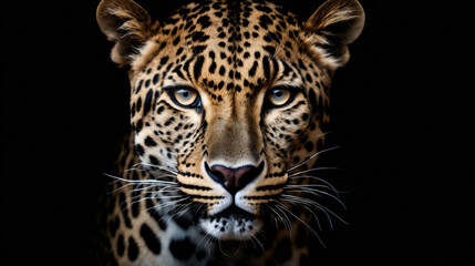 Close up of leopard's face showing its beautiful spots and striking blue eyes.