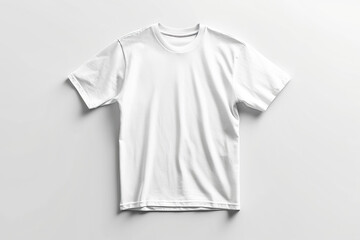 White t-shirt hanging against white background.