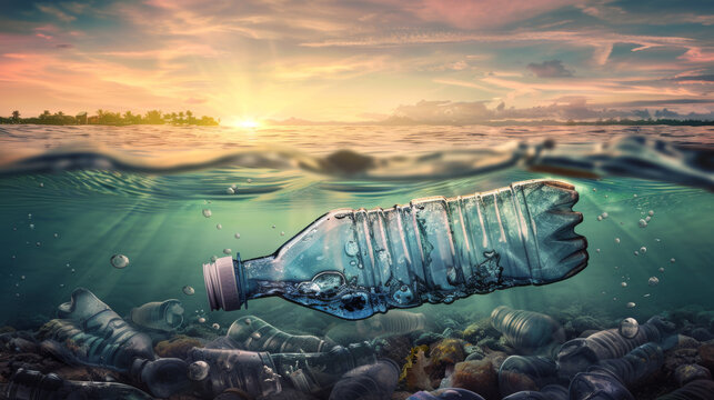 A submerged plastic bottle floats among numerous others, depicting environmental pollution in the ocean.