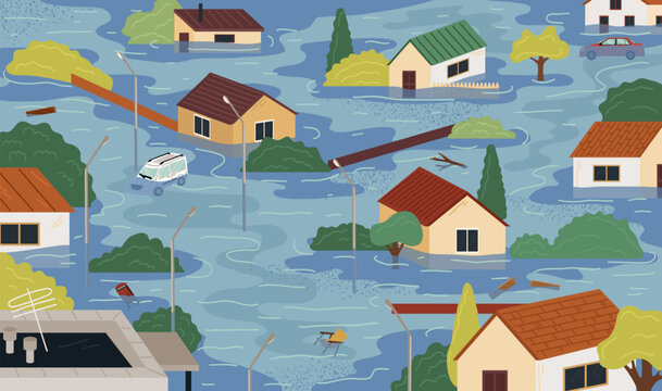 Catastrophic flood natural disaster scene with submerged buildings and cars