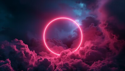 3d render, abstract cloud illuminated with neon light ring on dark night sky. Glowing geometric shape, round frame