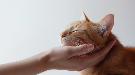 A close image showcases a person's hand caressing the head of a ginger cat expressing love and trust