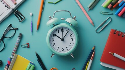 Artistic capture of a stylish alarm clock among neatly arranged school supplies on a calming slate blue background.