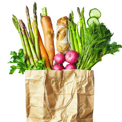 Bag full of vegetables and bread on table