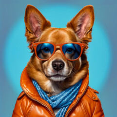 Dog wearing sunglasses and scarf is dressed in orange leather jacket.