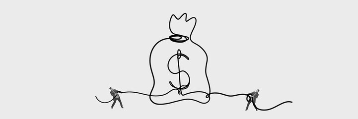 Two men pulling bag with money symbol symbolizing professional competition, financial gain, opportunity and ambitions. Creative design. Single line drawing. Concept of business, finances, growth