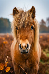 Small horse with very big mane stands in field of dried grass and weeds.