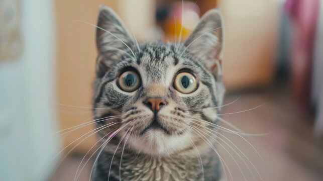 A cat with striking eyes and long whiskers gazes forward.