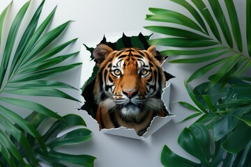 A striking tiger head peers through a ripped paper opening framed by lush greenery