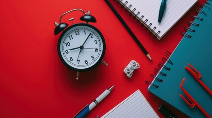 An overhead shot of a classic alarm clock nestled among textbooks, notebooks, and pens on a bold red surface.