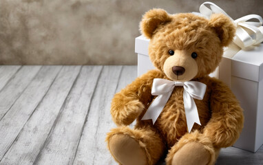 Teddy bear with bow on its head sitting in front of gift box.