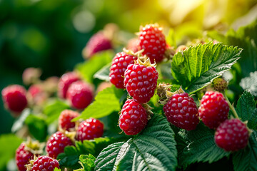 Group of ripe raspberries growing on plant with green leaves.