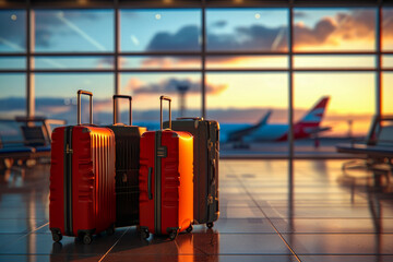 Three red suitcases are lined up in front of window with airplane visible outside.