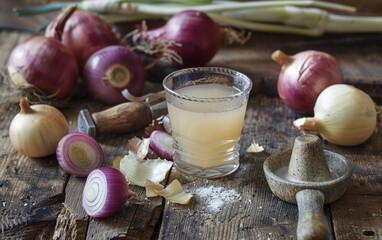 Obraz na płótnie Canvas A rustic wooden table showcases a glass of onion-infused drink among whole and halved onions, a scene that resonates with gourmet kitchen settings.