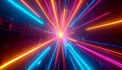 3d render, abstract multicolor spectrum background, bright orange blue neon rays and colorful glowing lines