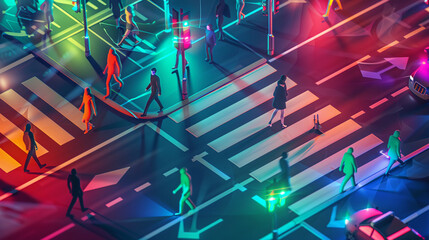 An eye-catching 3D vector showcasing a crosswalk with pedestrians following traffic lights, underlining pedestrian safety - obrazy, fototapety, plakaty