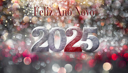 cartão ou banner para desejar um feliz ano novo 2025 em prata e vermelho sobre fundo vermelho e prata com círculos de várias cores em efeito bokeh