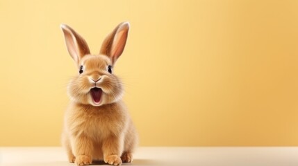 Obraz premium cute animal pet rabbit or bunny brown color smiling and laughing isolated with copy space for easter background, rabbit, animal, pet, cute, fur, ear, mammal, background, celebration, generate by AI