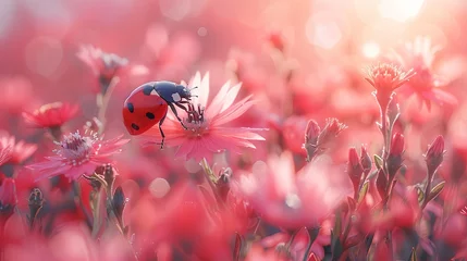 Poster a beautiful ladybug flies over the beautiful pink flower, beautiful green garden. Generated AI. © Stallonechris