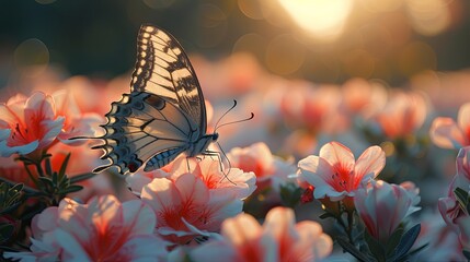 a beautiful butterfly flies over the beautiful pink flower, beautiful garden. Generated AI. - obrazy, fototapety, plakaty