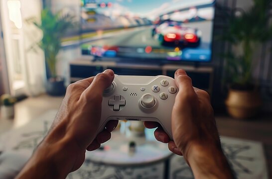 A closeup of hands holding the white and grey game controller, with a blurred background showing an action video game on the TV screen.