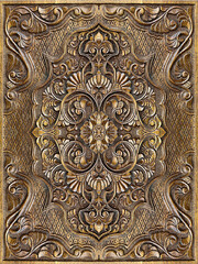 Beautiful Arabic patterns and ornaments carved from wood on the door. Oriental decorative element.